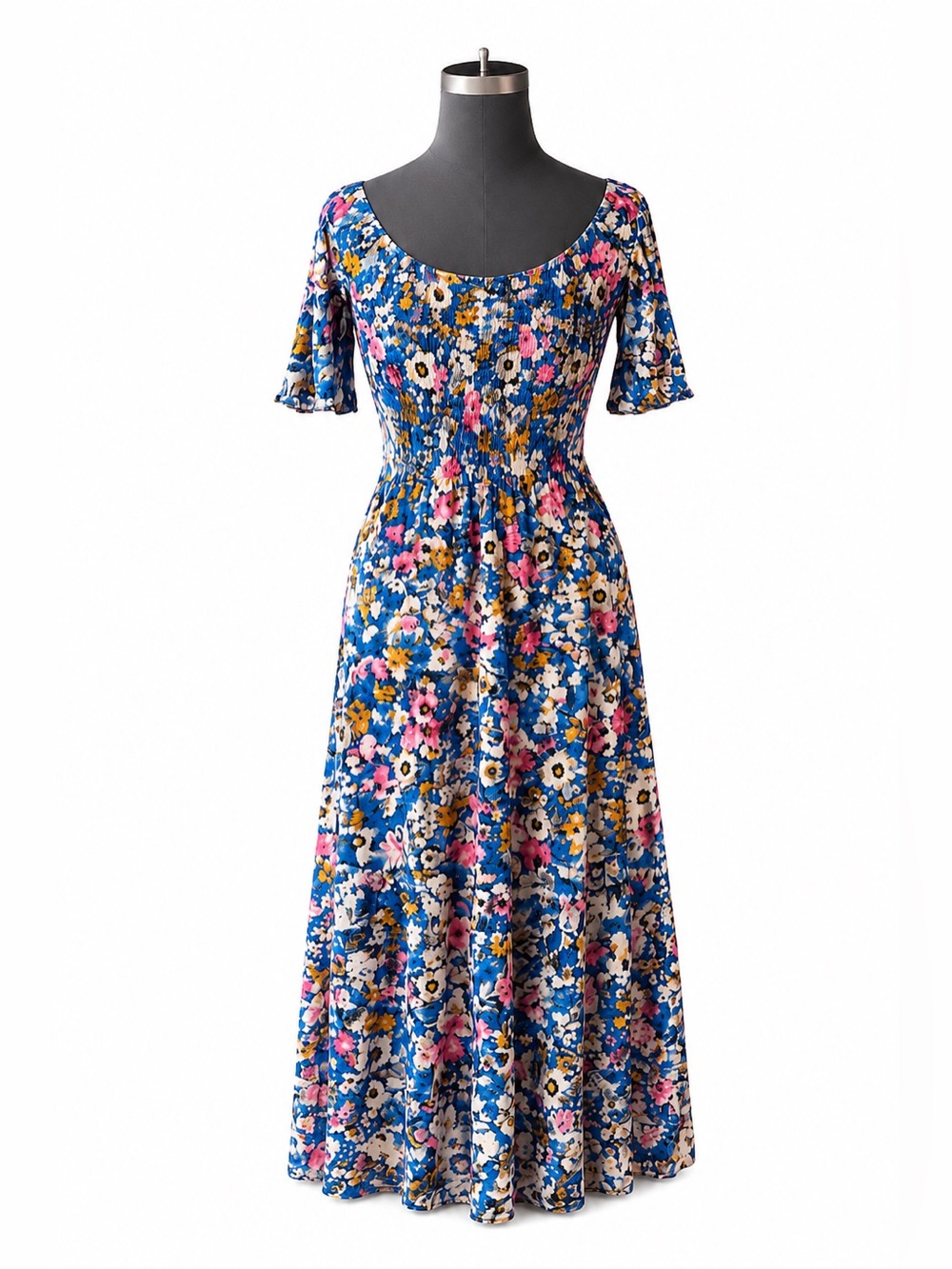 Natural Life Blue Floral Smocked Maxi Dress Extra Small Small Rayon - Picture 3 of 8